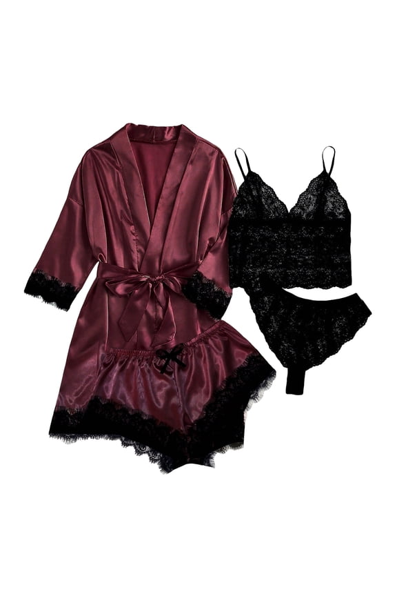 Women's 4 Pieces Satin Pajamas Set Floral Lace Cami Shorts Underwear and Robe Soft Comfy Sleepwear