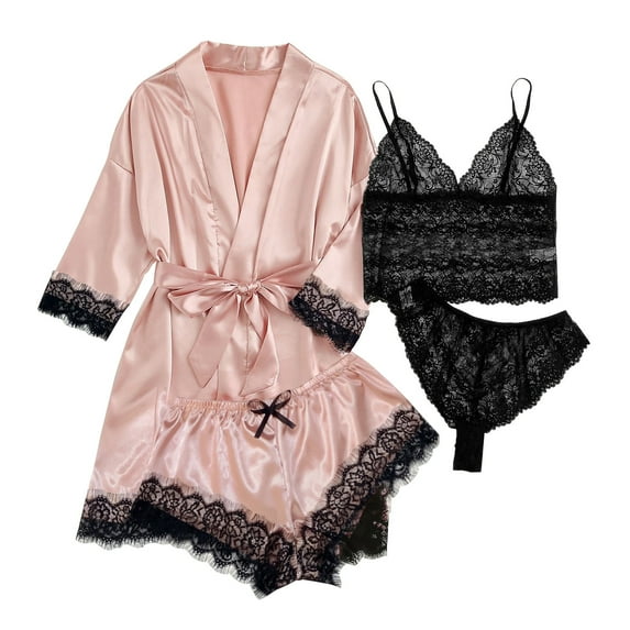 LIaqionyy Women's 4 Pieces Satin Pajamas Set Floral Lace Cami Shorts Underwear and Robe Soft Comfy Sleepwear