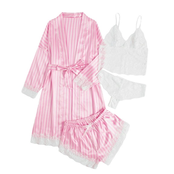 LIaqionyy Women's 4 Pieces Satin Pajamas Set Floral Lace Cami Shorts Underwear and Robe Soft Comfy Sleepwear