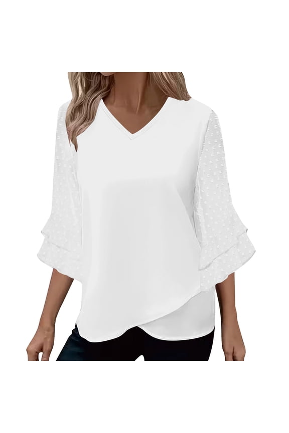 Women's Blouses Ruffle 3/4 Sleeve Dressy Top V Neck Casual Tunic Business Shirts Spring Summer Clothes