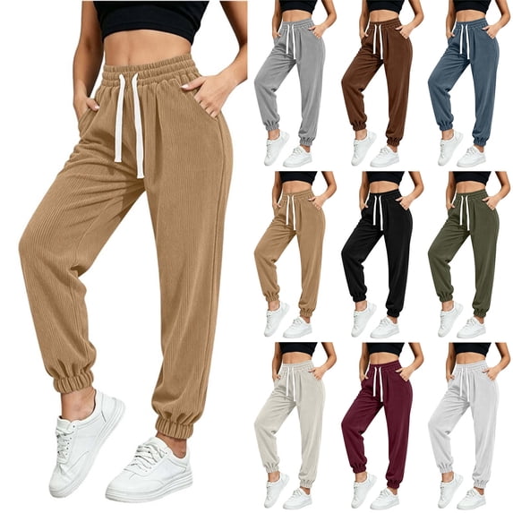 LIaqionyy Women's Corduroy Jogger Pants High Waist Drawstring Straight Leg Baggy Casual Sweatpants with Pockets