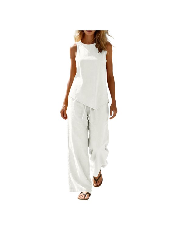 Women's Cotton Linen 2 Piece Outfits Set Crewneck Sleeveless Tank Top Wide Leg Pants Lounge Matching Sets
