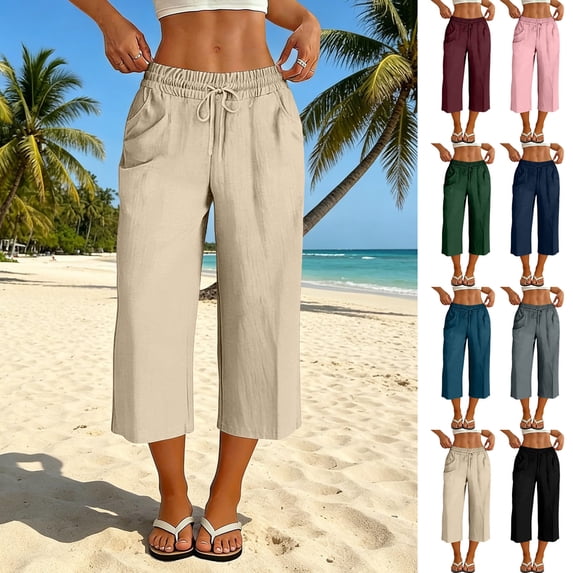 LIaqionyy Women's Cotton Linen Capris Pants High Waist Casual Drawstring Loose Trousers with Pockets Beach Vacation Clothes