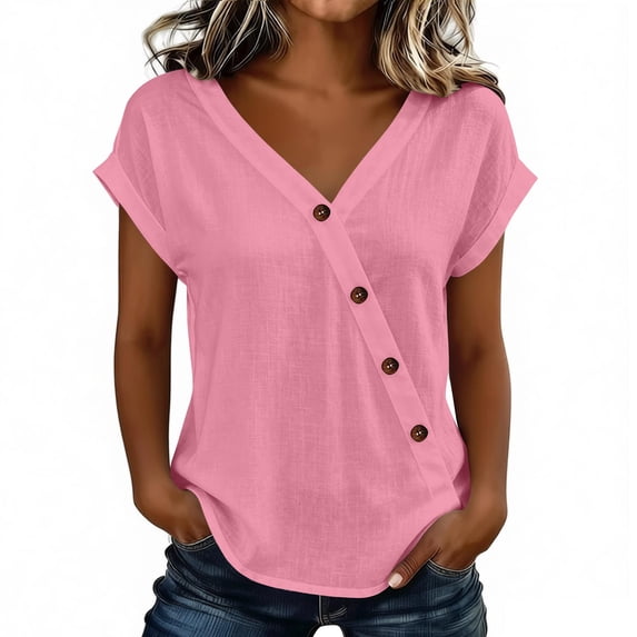 LIaqionyy Women's Cotton Linen Short Sleeve V Neck Tops Casual Ladies Lightweight Tees Button down Summer Shirts
