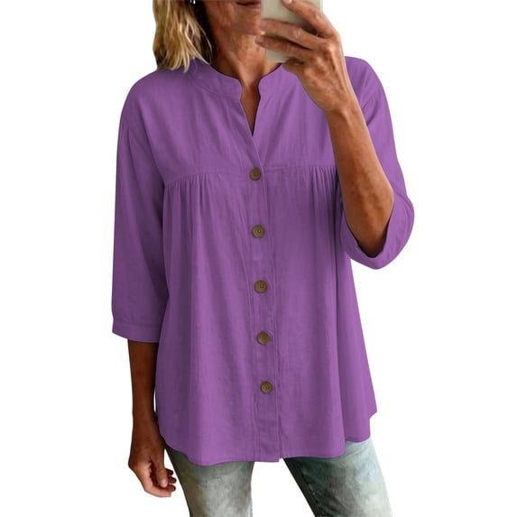 LIaqionyy Women's Cotton Linen Tops 3/4 Sleeve Dressy Button down V Neck Casual Summer Ladies Work Blouses