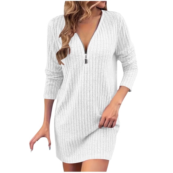LIaqionyy Women's Fall Dresses Casual Long Sleeve Fashion V Neck Ribbed Knit Dress Winter Dress Clothes