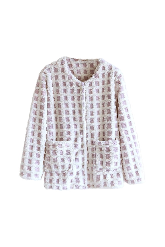 Women's Fuzzy Fleece Jacket Pajama Tops Button Front Long Sleeve Sleepwear Coat Winter Loungewear with Pockets