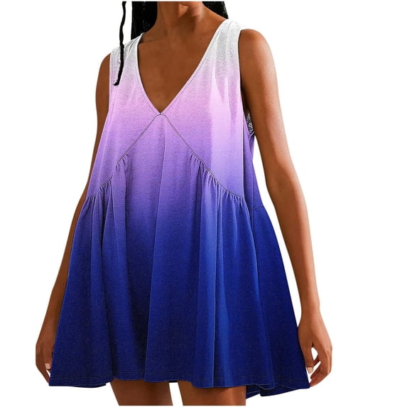 LIaqionyy Women's Gradient Mini Dress V Neck Pleated Dresses Loose Sleeveless Pullover Dress for Summer Beach