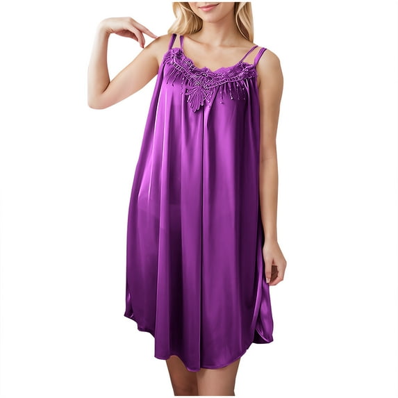 LIaqionyy Women's Ice Slik Lace Embroidery Nightgown Loose Sleeveless Flowy Pajamas Dress Summer Over Knee Length Sleepwear