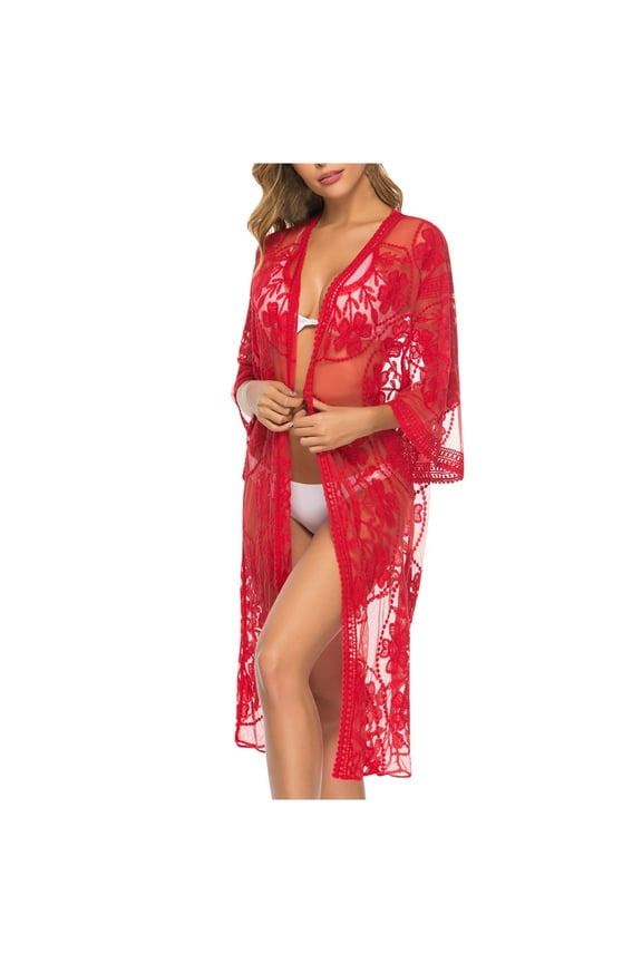 Women's Lace Cardigan Crochet Beach Cover up Long Open Front Bathing Suit Coverups Summer Swimwear
