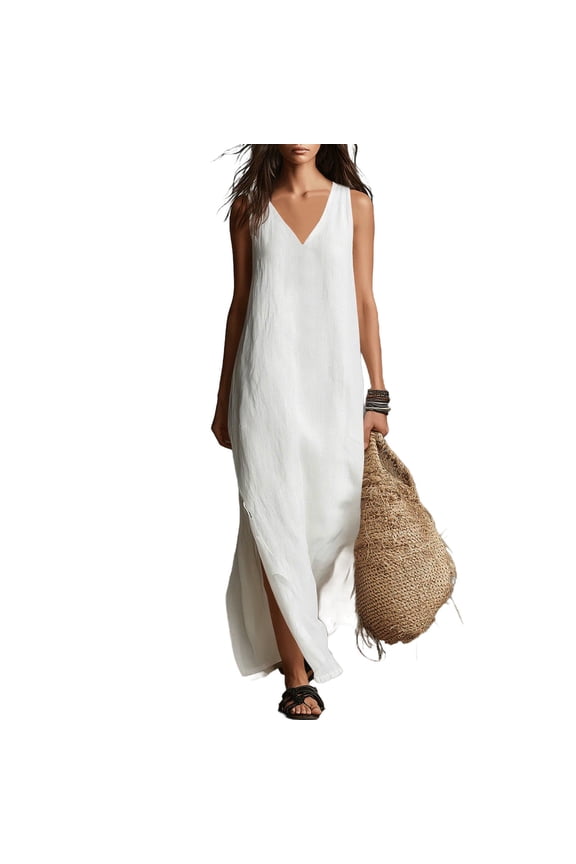 Women's Long Dresses Sleeveless Side Split V Neck Cotton Linen Flowy Dress Beach Vacation Sundress