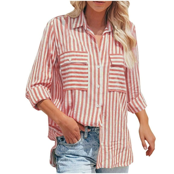 LIaqionyy Women's Long Sleeve Striped Shirts Lapel Button Casual Classic Office Work Blouses with Pockets