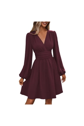 Women's Mini Dress Casual V Neck Long Sleeve High Waist Prom Cocktail Short Flowy Dresses
