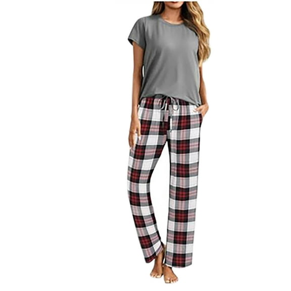LIaqionyy Women's Pajamas 2 Piece Plaid Pjs Sets Soft Short Sleeve and Long Pants Sleepwear Ladies Lounge Sets