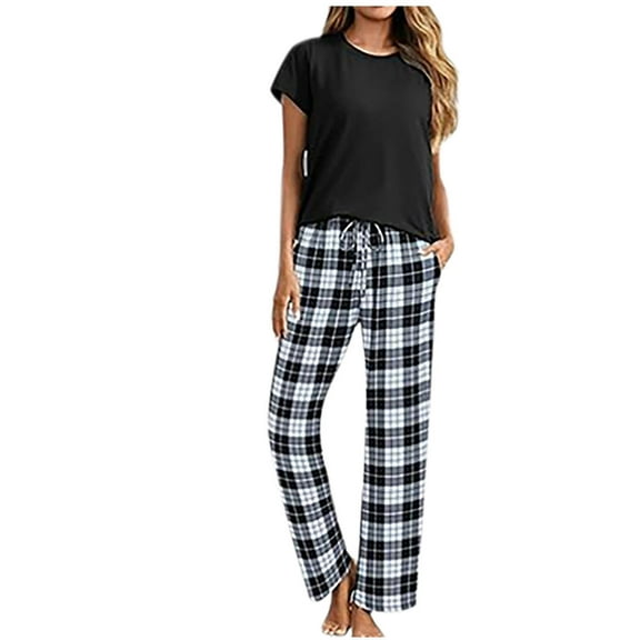 LIaqionyy Women's Pajamas 2 Piece Plaid Pjs Sets Soft Short Sleeve and Long Pants Sleepwear Ladies Lounge Sets
