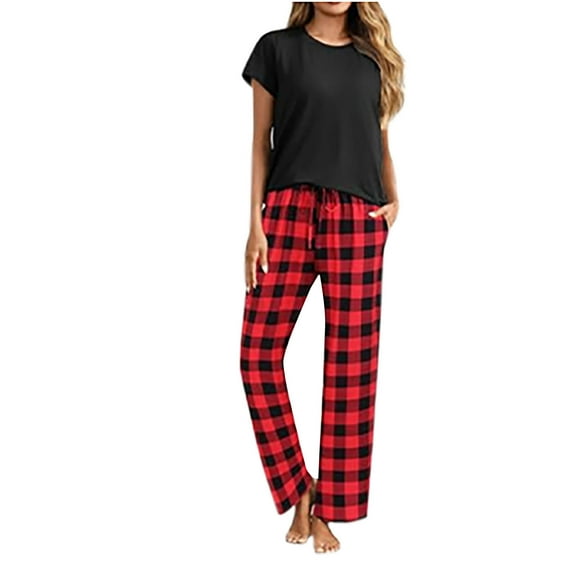 LIaqionyy Women's Pajamas 2 Piece Plaid Pjs Sets Soft Short Sleeve and Long Pants Sleepwear Ladies Lounge Sets