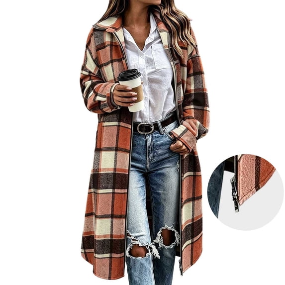 LIaqionyy Women's Plaid Long Jacket Shacket Zip up Casual Collared Jackets Trendy Fall Coats with Pocket