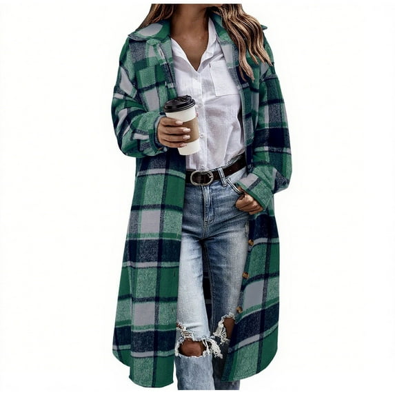 LIaqionyy Women's Plaid Long Shirt Jacket Shacket Button down Casual Collared Jackets Coats with Pocket