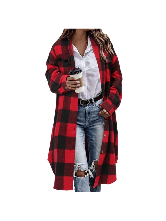 Women's Plaid Long Shirt Jacket Shacket Button down Casual Collared Jackets Coats with Pocket