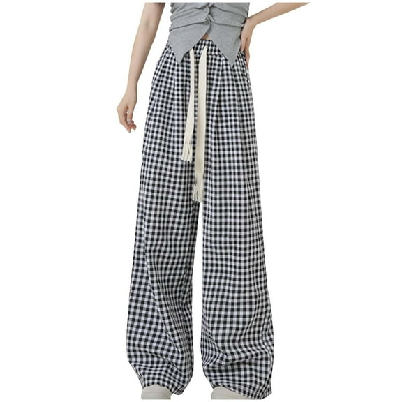 LIaqionyy Women's Plaid Pants High Waisted Wide Leg Drawstring Palazzo Pant Baggy Lounge Fall Trousers with Pockets
