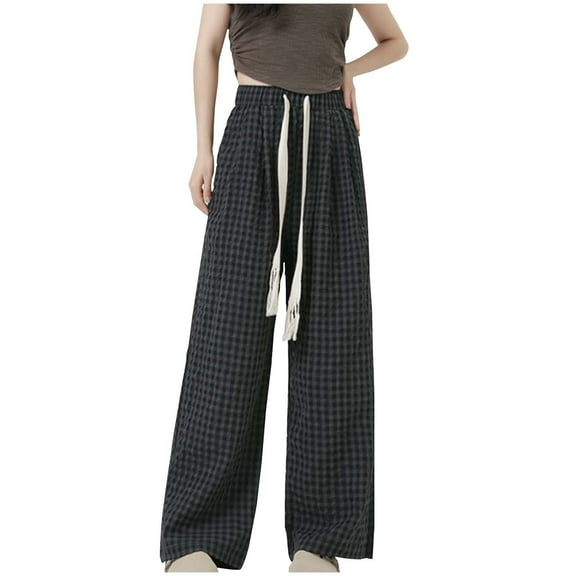 LIaqionyy Women's Plaid Pants High Waisted Wide Leg Drawstring Palazzo Pant Baggy Lounge Fall Trousers with Pockets