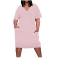 thumbnail image 1 of LIaqionyy Women's Plus Size Midi Dresses Casual Loose Short Sleeve V Neck Solid Color T Shirt Dress with Pockets, 1 of 5