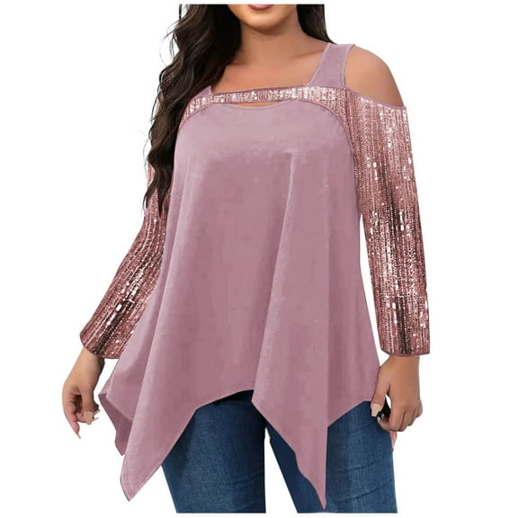 LIaqionyy Women's Plus Size T Shirts Cold Shoulder Long Sleeve Tops Dressy Blouse Fall Fashion Christmas Party Clothes L-5XL