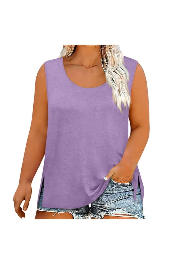 Women's Plus Size Tank Tops Fashion Solid Color Side Split Sleeveless Crewneck Vest T Shirts Blouse Top