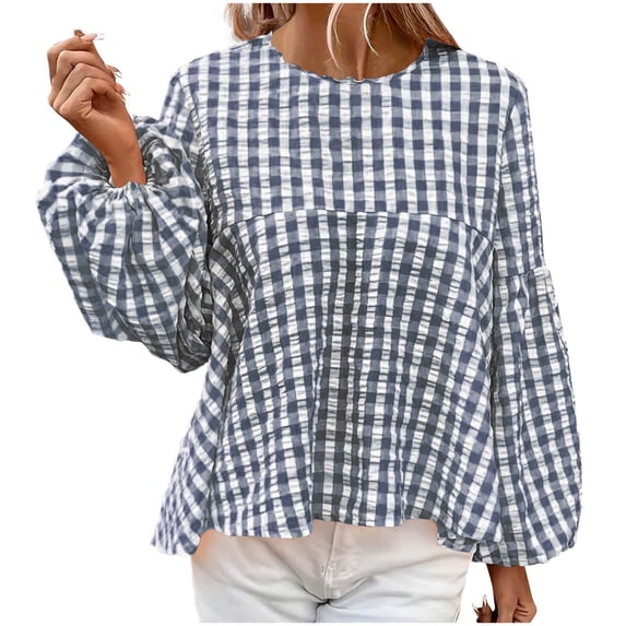 LIaqionyy Women's Puff Sleeve Plaid Babydoll Tops Loose Crewneck Blouse Cute Going Out Shirts