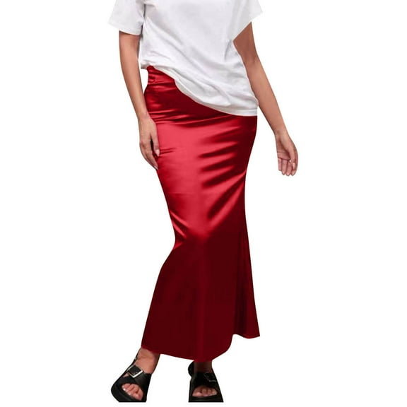 LIaqionyy Women's Satin Maxi Skirt High Waisted Elegant Work Elastic Waistband Casual a Line Party Skirts