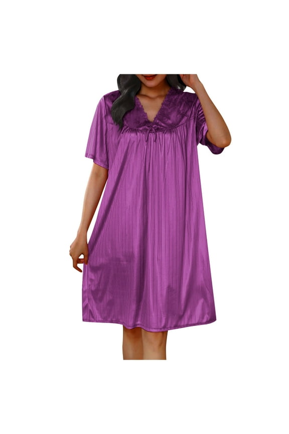 Women's Satin Silk Nightgown V Neck Loose Sleepwear Nightshirt Short Sleeve Fashion Sleep Dress