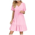 thumbnail image 1 of LIaqionyy Women's Short Sleeve Dress V Neck a Line Ruffle Flowy Summer Dresses Casual Vacation Mini Sundress, 1 of 9