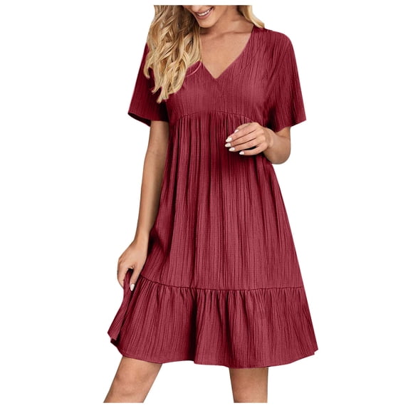 LIaqionyy Women's Short Sleeve Dress V Neck a Line Ruffle Flowy Summer Dresses Casual Vacation Mini Sundress