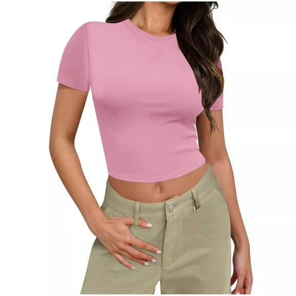 LIaqionyy Women's Short Sleeve Tops Crew Neck Slim Tee Shirts Fashion Trendy Casual Basic Outfits Workout Clothes