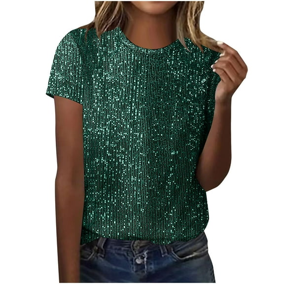 LIaqionyy Women's Sparkly Sequin T Shirt Short Sleeve Crew Neck Tee Shirts Loose Tops Party Blouse Clothes