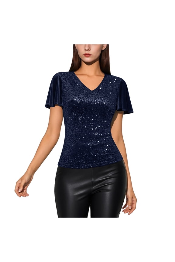 Women's Sparkly Sequin Tops Short Sleeve Dressy Blouses V Neck Ruffle Hem Party Tops Clothes