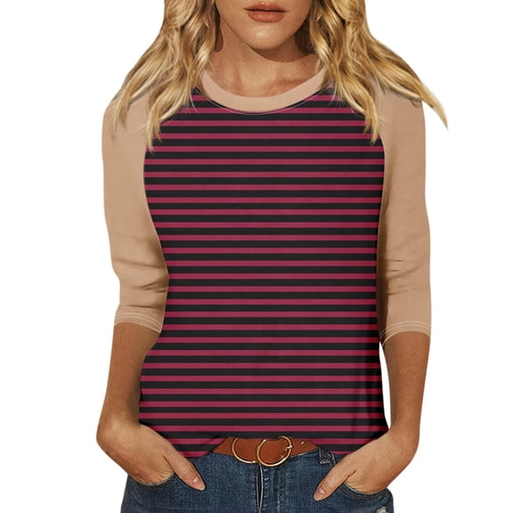 LIaqionyy Women's Striped 3/4 Sleeve T Shirts Crew Neck Casual Cute Tunic Tops Basic Tees Blouses Business Work Top