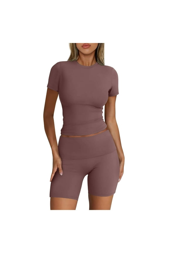 Women's Summer Basic Tracksuit Short Sleeve Crop Tops and Stretch Biker Shorts Summer 2 Piece Workout Set