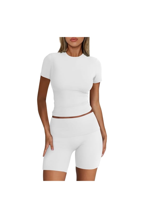 Women's Summer Basic Tracksuit Short Sleeve Crop Tops and Stretch Biker Shorts Summer 2 Piece Workout Set