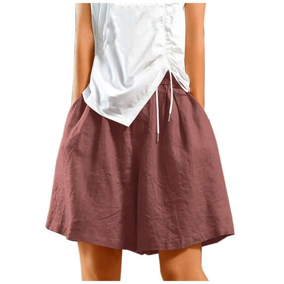 LIaqionyy Women's Summer Cotton Linen Shorts Loose-Fitted Elastic High Waist Shorts Casual Beach Shorts with Pockets