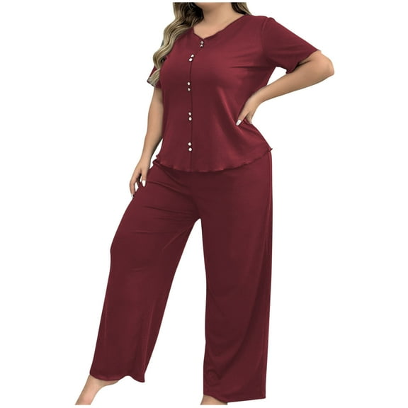 LIaqionyy Women's Summer Pajamas 2 Piece Loungewear Set Plus Size Short Sleeve Button Down Shirts with Pants Sleepwear Sets