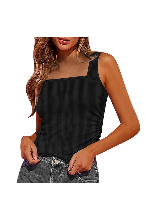 Women's Summer Sleeveless Tank Top Casual Slim Square Neck Vest Ribbed Knit Tunic Solid Color Shirt