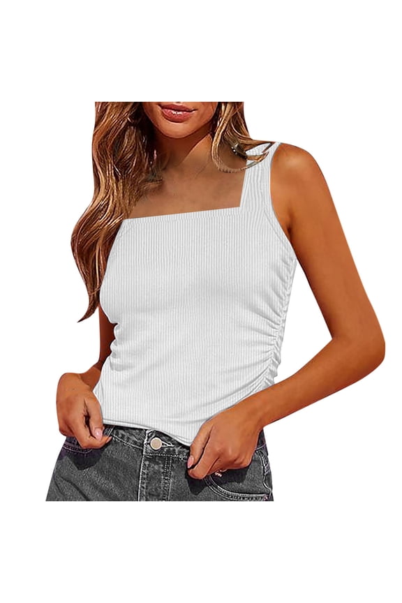 Women's Summer Sleeveless Tank Top Casual Slim Square Neck Vest Ribbed Knit Tunic Solid Color Shirt