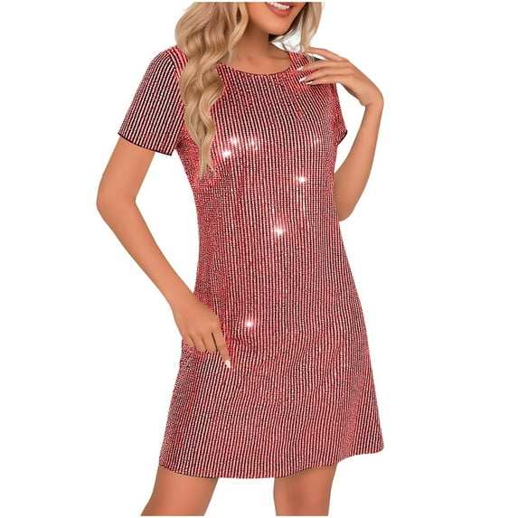 LIaqionyy Women's T Shirt Dress Sparkly Sequin Short Sleeve Crewneck Loose Party Cocktail Mini Dresses