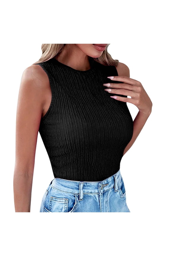Women's Tank Top High Neck Summer Casual Ribbed Solid Color Textured Sleeveless Cami Tees Shirts