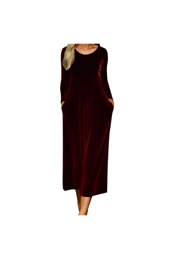 Women's Velvet Maxi Dresses Fall Long Sleeve Crewneck Cocktail Party Formal Dress with Pocket
