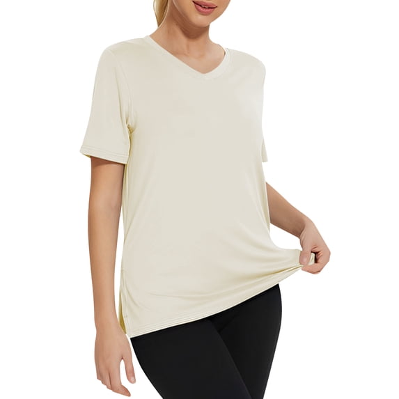 LIaqionyy Women's Workout Tops Short Sleeve Athletic Shirts V Neck Casual Loose Gym Solid Color Shirt S-3XL