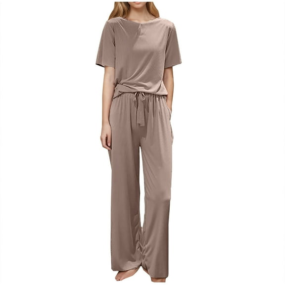 LIaqionyy Womens 2 Piece Outfits Solid Color Lounge Sets Casual Loose Color Block Short Sleeve Tops and Pants Loungewear