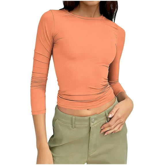 LIaqionyy Womens 3/4 Sleeve Crop Tops Crew Neck Basic Slim Shirts Spring Outfits Solid Color Clothes