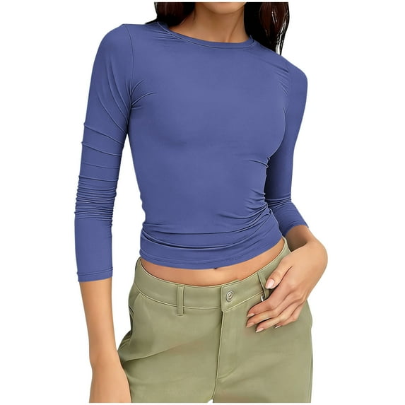 LIaqionyy Womens 3/4 Sleeve Crop Tops Crew Neck Basic Slim Shirts Spring Outfits Solid Color Clothes